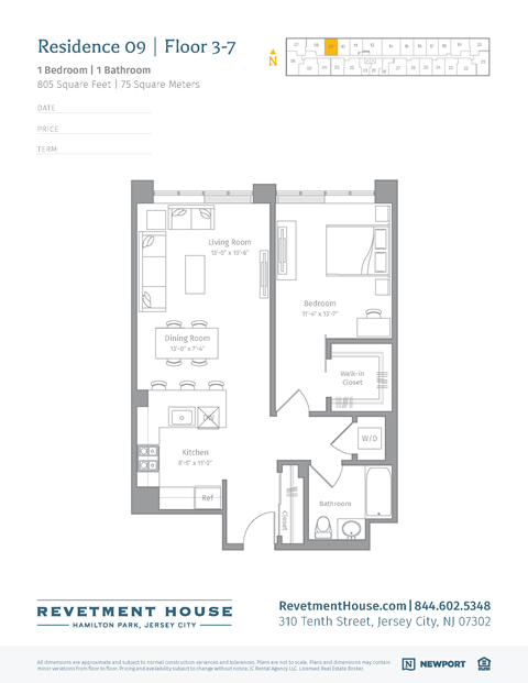 Floor plan for 1 bed, 1 bath, 803 sqft