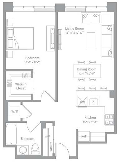 Floor plan for 1 bed, 1 bath, 806 sqft