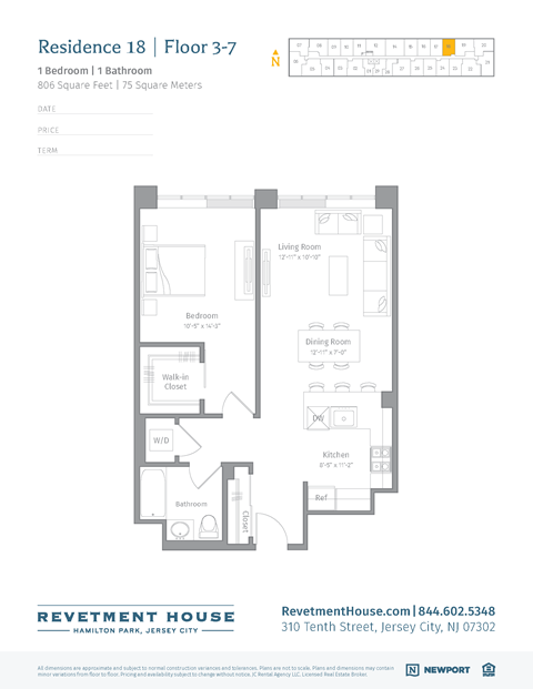 Floor plan for 1 bed, 1 bath, 806 sqft