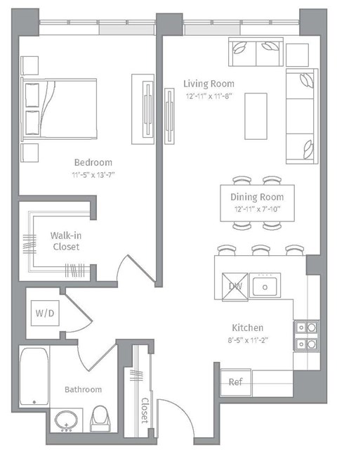 Floor plan for 1 bed, 1 bath, 834 sqft