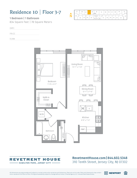 Floor plan for 1 bed, 1 bath, 834 sqft