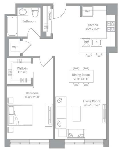 Floor plan for 1 bed, 1 bath, 835 sqft