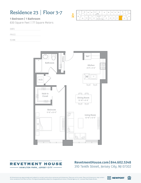 Floor plan for 1 bed, 1 bath, 835 sqft
