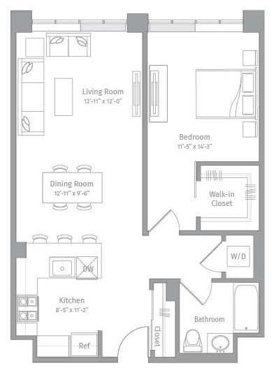 Floor plan for 1 bed, 1 bath, 836 sqft