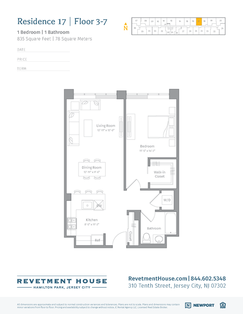 Floor plan for 1 bed, 1 bath, 836 sqft