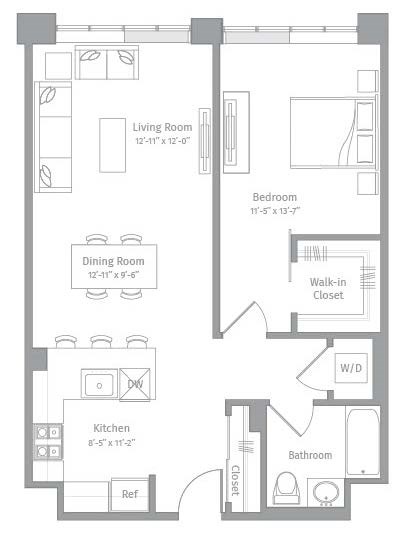 Floor plan for 1 bed, 1 bath, 859 sqft