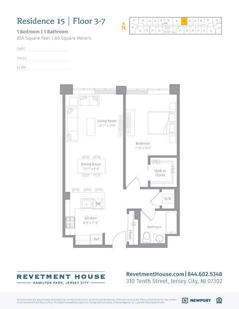 Floor plan for 1 bed, 1 bath, 859 sqft