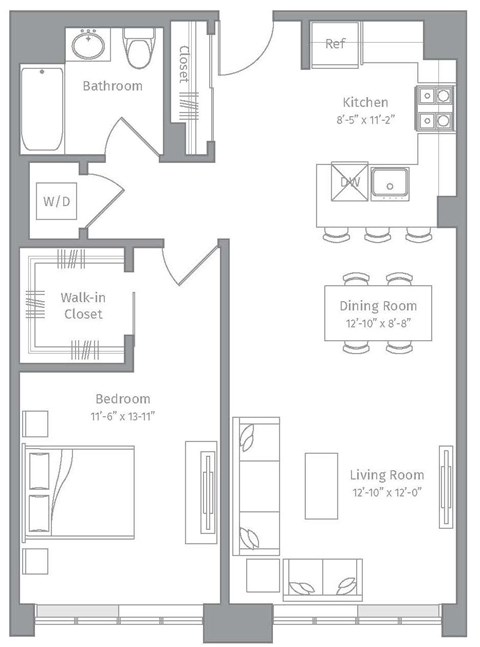 Floor plan for 1 bed, 1 bath, 871 sqft