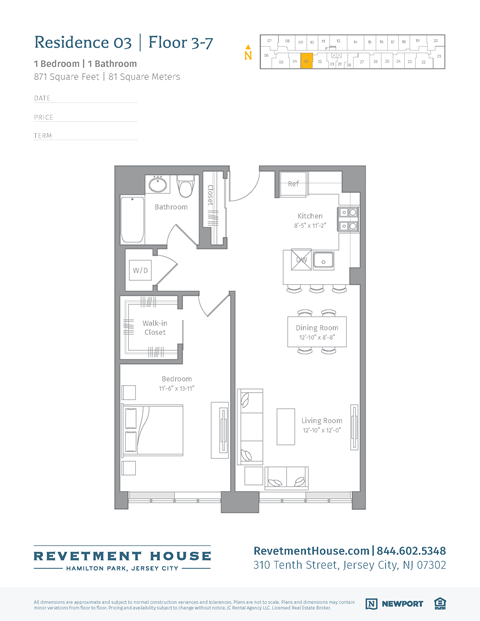Floor plan for 1 bed, 1 bath, 871 sqft