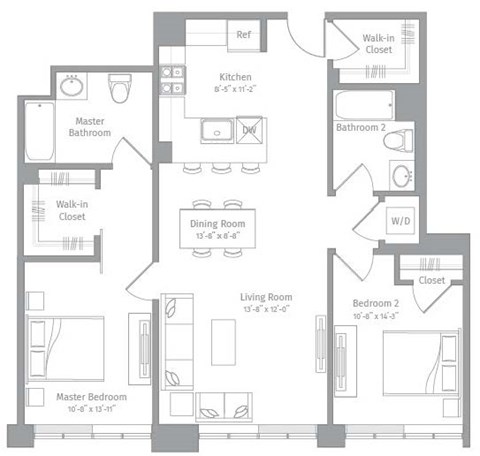 Floor plan for 2 beds, 2 baths, 1055 sqft