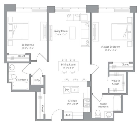 Floor plan for 2 beds, 2 baths, 1244 sqft