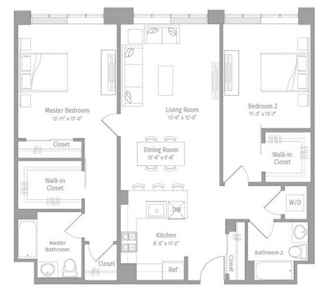Floor plan for 2 beds, 2 baths, 1244 sqft