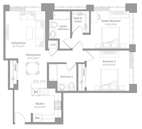Floor plan for 2 beds, 2 baths, 1065 sqft