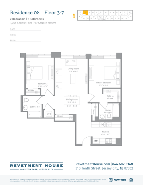 Floor plan for 2 beds, 2 baths, 1070 sqft