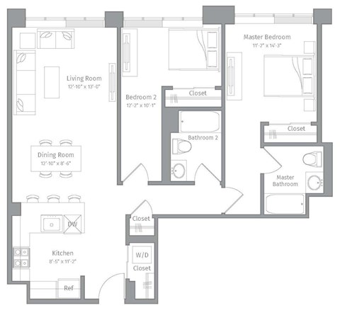 Floor plan for 2 beds, 2 baths, 1097 sqft