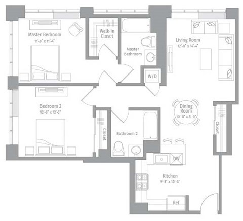 Floor plan for 2 beds, 2 baths, 1105 sqft