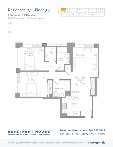 Floor plan for 2 beds, 2 baths, 1105 sqft