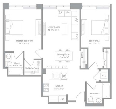Floor plan for 2 beds, 2 baths, 1108 sqft