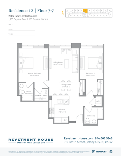 Floor plan for 2 beds, 2 baths, 1108 sqft