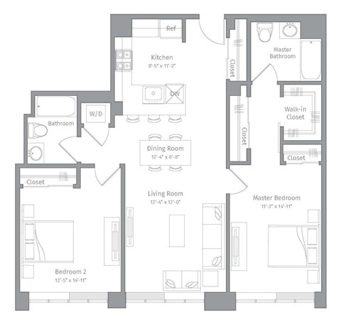 Floor plan for 2 beds, 2 baths, 1149 sqft