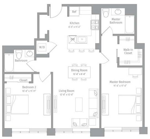 Floor plan for 2 beds, 2 baths, 1149 sqft