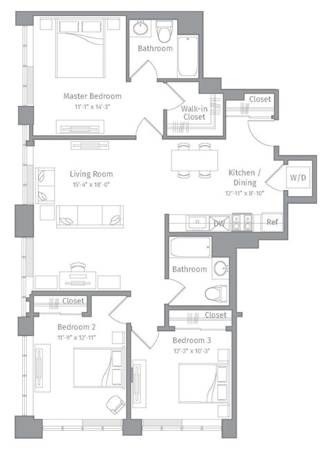 Floor plan for 3 beds, 2 baths, 1280 sqft