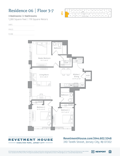 Floor plan for 3 beds, 2 baths, 1280 sqft