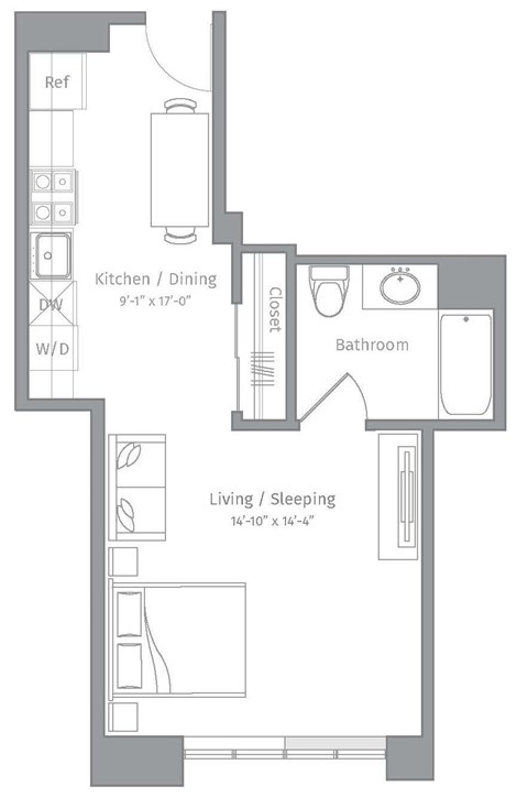Floor plan for studio, 1 bath, 510 sqft