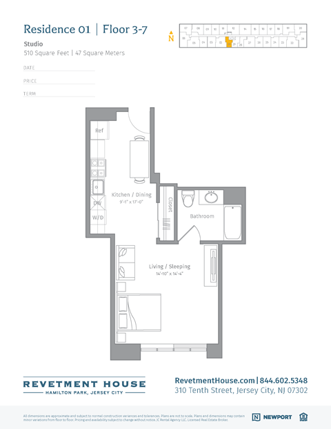Floor plan for studio, 1 bath, 510 sqft