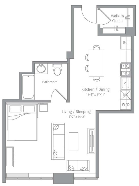 Floor plan for studio, 1 bath, 608 sqft