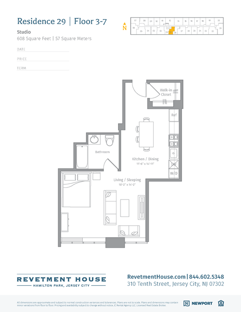 Floor plan for studio, 1 bath, 608 sqft