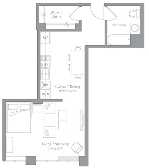 Floor plan for studio, 1 bath, 611 sqft