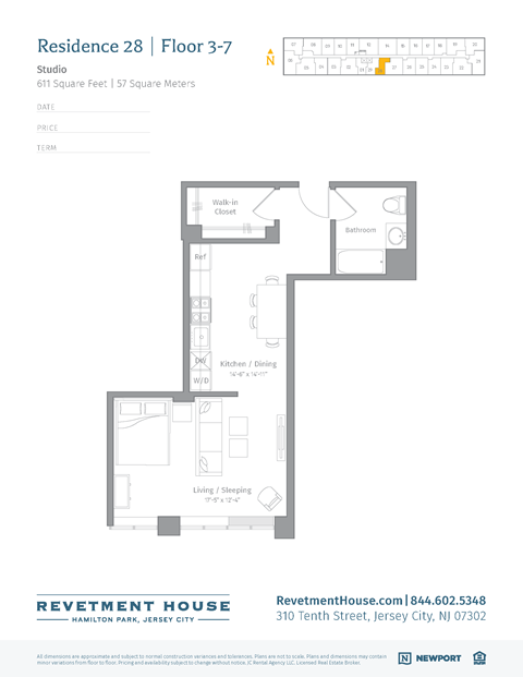 Floor plan for studio, 1 bath, 611 sqft