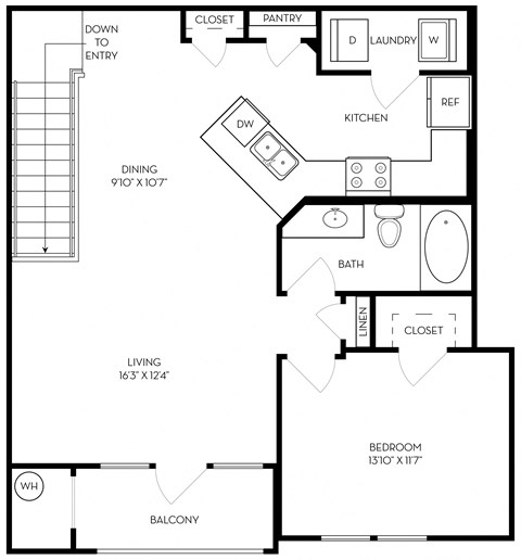 Floor plan for 1 bed, 1 bath, 925 sqft