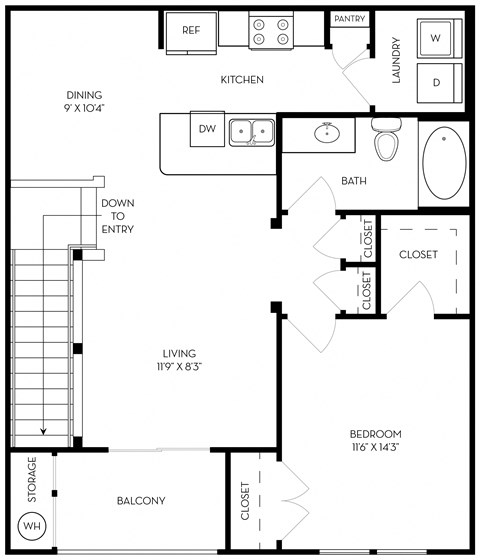 Floor plan for 1 bed, 1 bath, 867 sqft