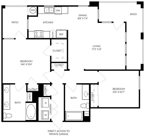 Floor plan for 2 beds, 2 baths, 1136 sqft