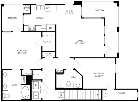 Floor plan for 2 beds, 2 baths, 1258 sqft