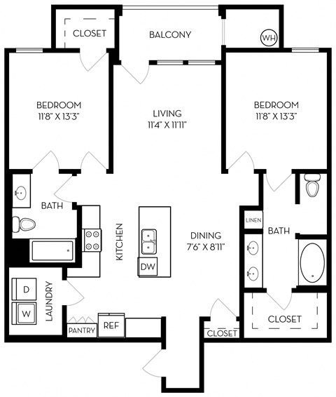 Floor plan for 2 beds, 2 baths, 1200 sqft