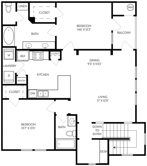 Floor plan for 2 beds, 2 baths, 1360 sqft