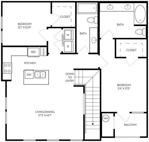 Floor plan for 2 beds, 2 baths, 1123 sqft