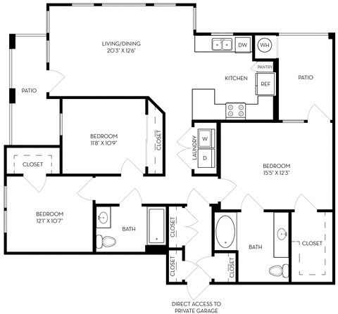 Floor plan for 3 beds, 2 baths, 1304 sqft
