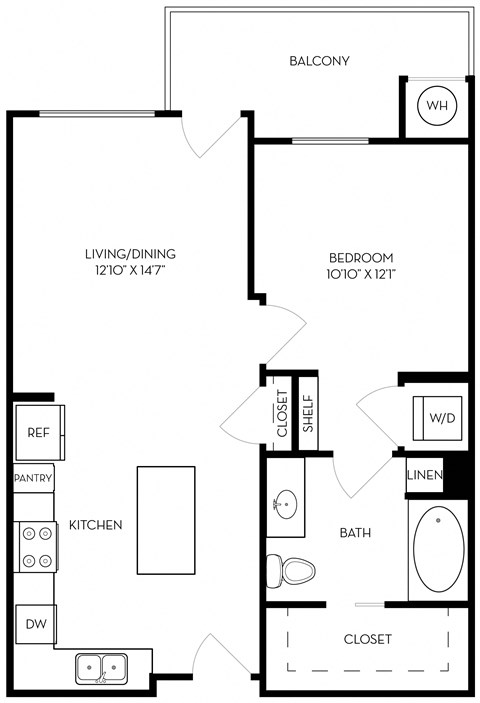 Floor plan for 1 bed, 1 bath, 708 sqft