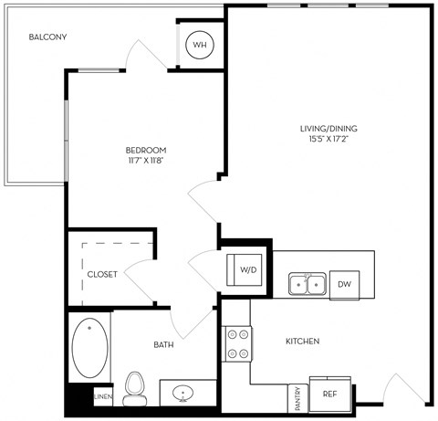 Floor plan for 1 bed, 1 bath, 757 sqft