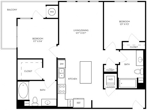 Floor plan for 2 beds, 2 baths, 1042 sqft