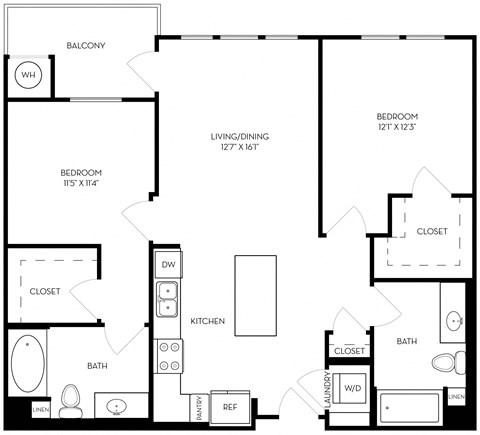 Floor plan for 2 beds, 2 baths, 1034 sqft