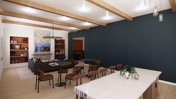 Richmond apartment for rent - A modern dining room with a long table and chairs.