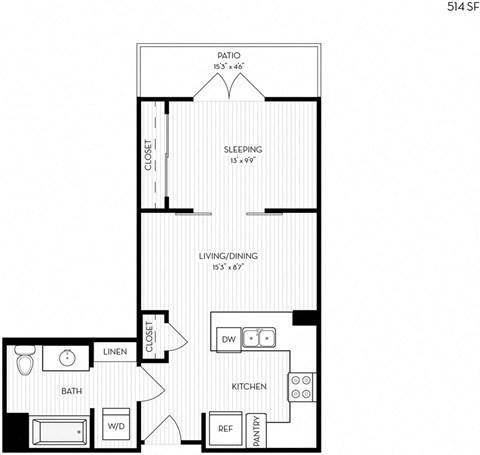 Floor plan for studio, 1 bath, 514 sqft