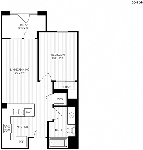 Floor plan for 1 bed, 1 bath, 534 sqft