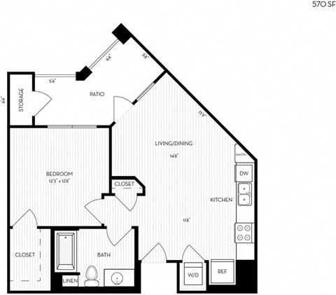 Floor plan for 1 bed, 1 bath, 570 sqft
