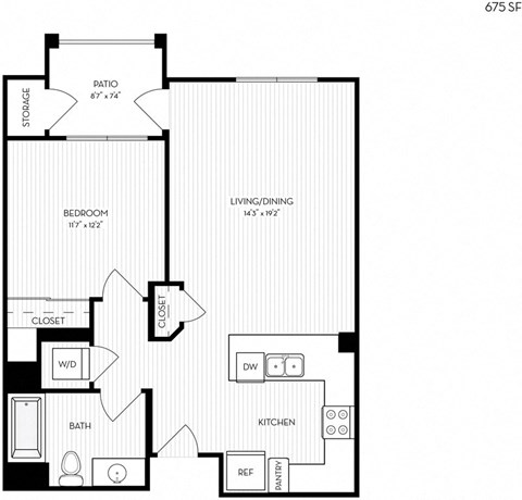 Floor plan for 1 bed, 1 bath, 675 sqft
